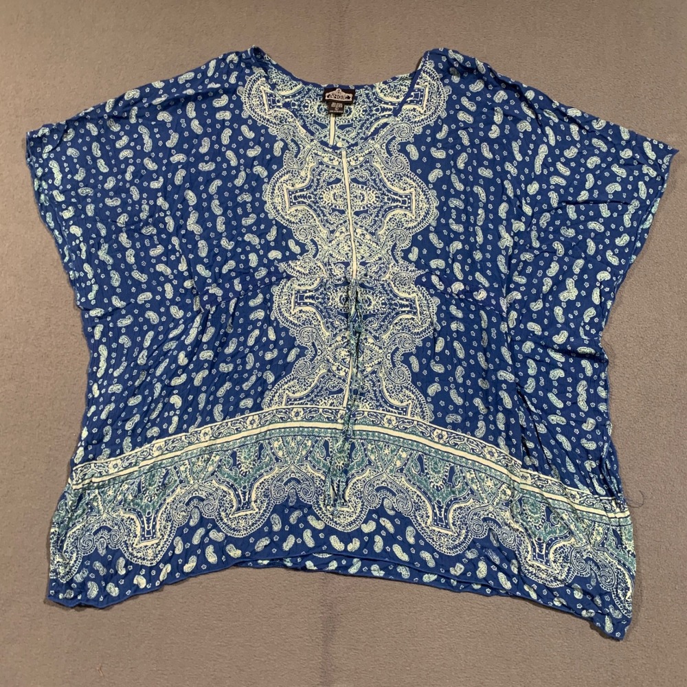 Angie Paisley Kimono Top Womens L Blue Boho Drawstring Waist Festival Coverup